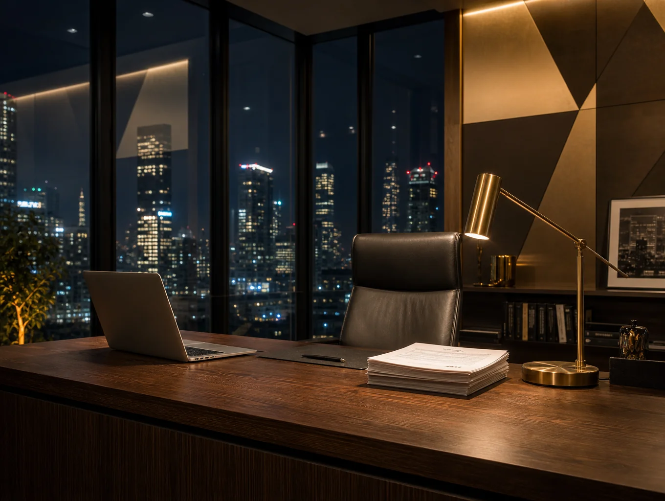 Minimalist modern workspace at dusk with laptop screen glowing, dark navy and charcoal palette, warm copper accent